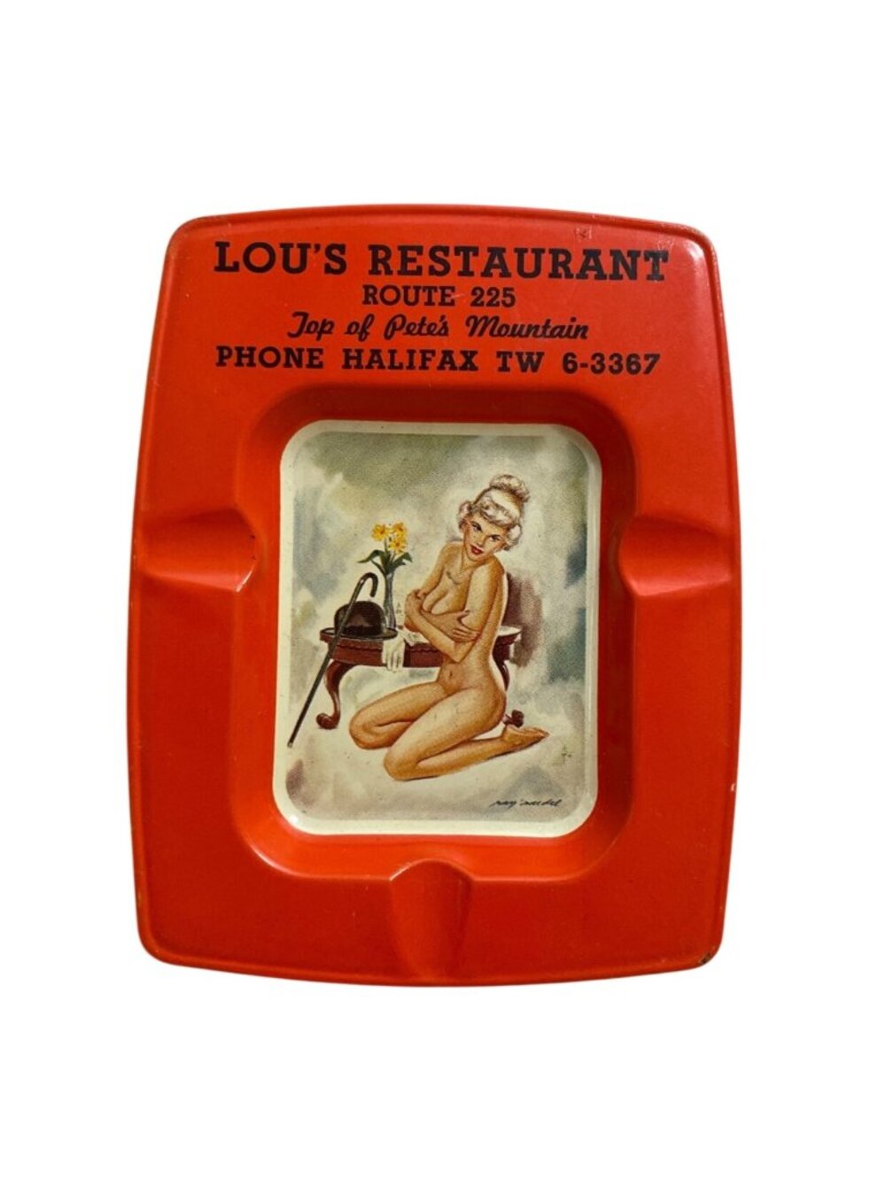 Vtg Pinup Advertising Metal Tin Ashtray Lous Restaurant Peters Mtn Halifax PA